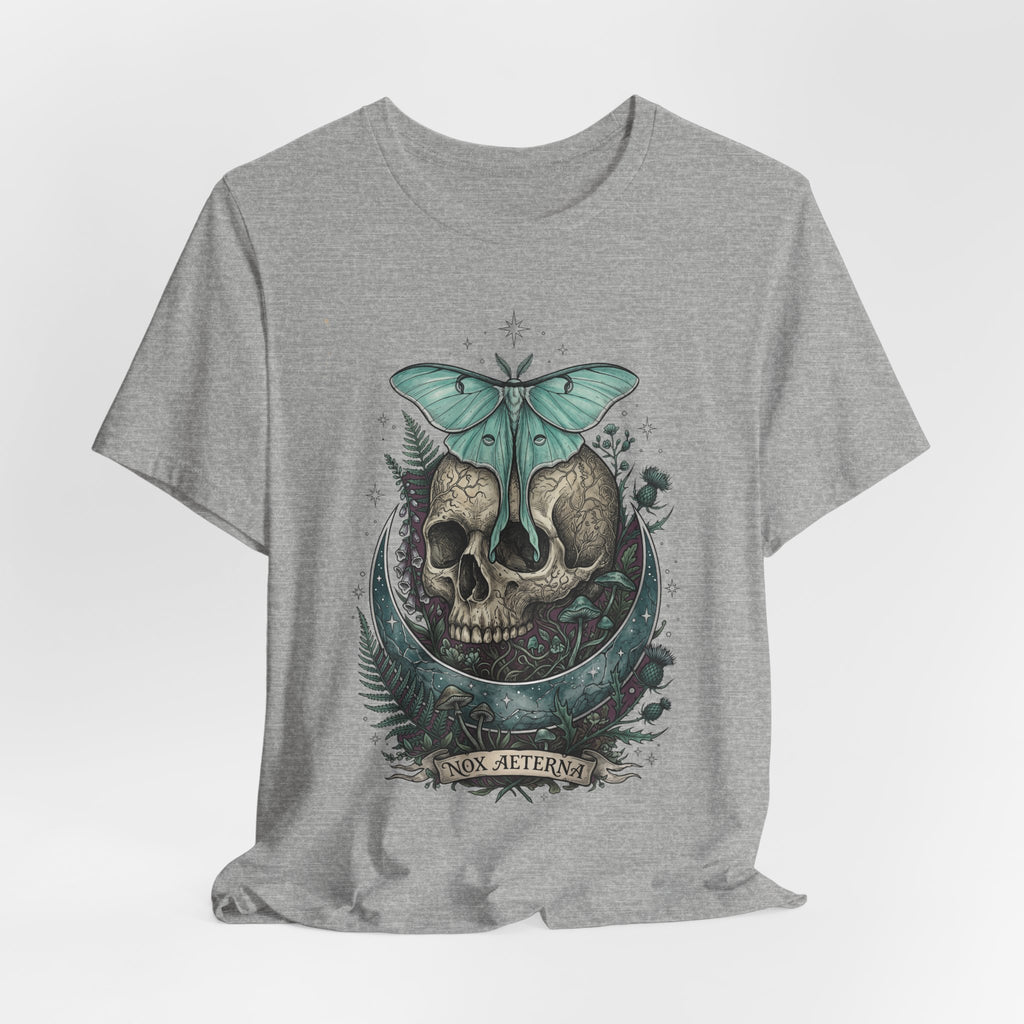 Heather gray unisex T-shirt, front print of teal moth over skull and plants