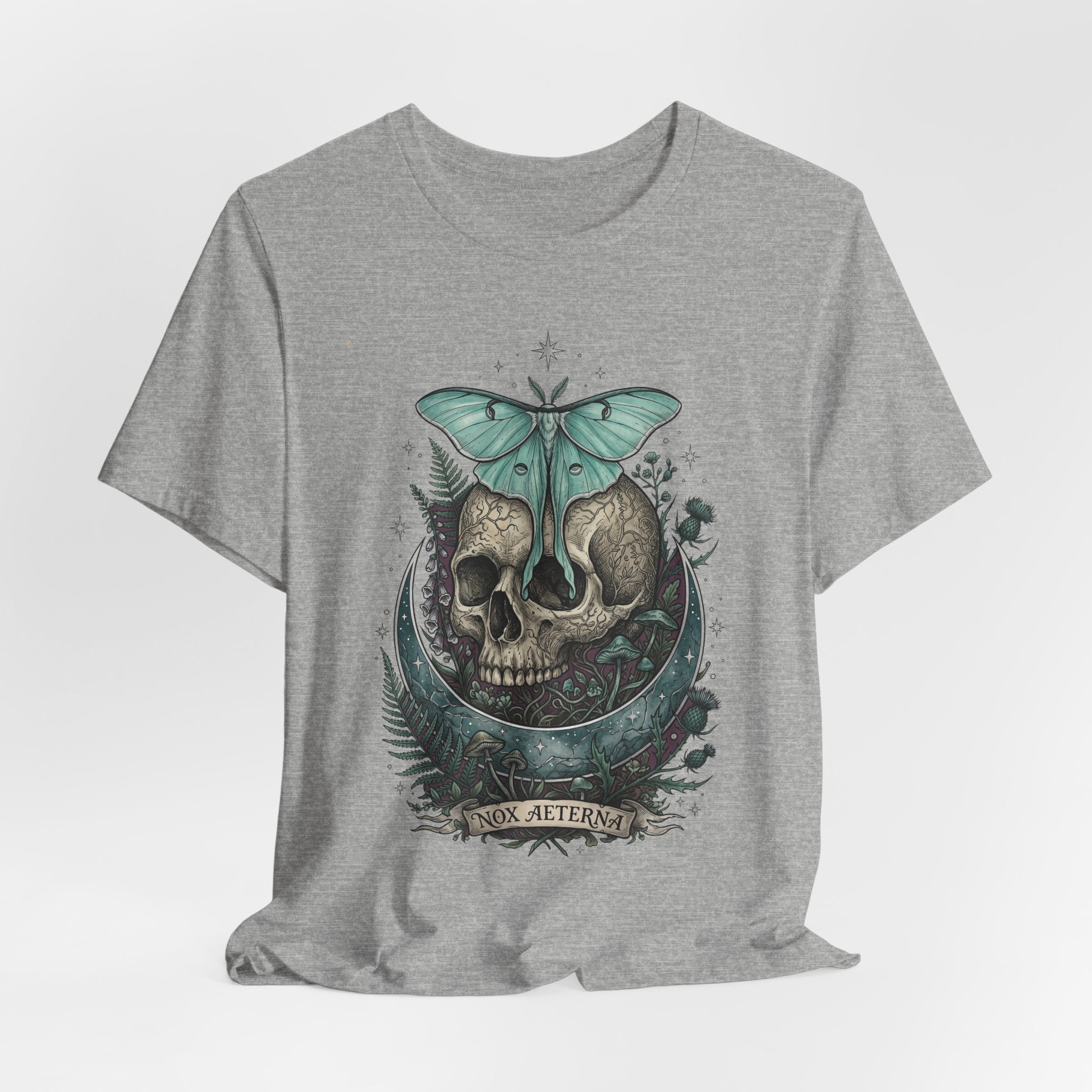 Heather gray unisex T-shirt, front print of teal moth over skull and plants