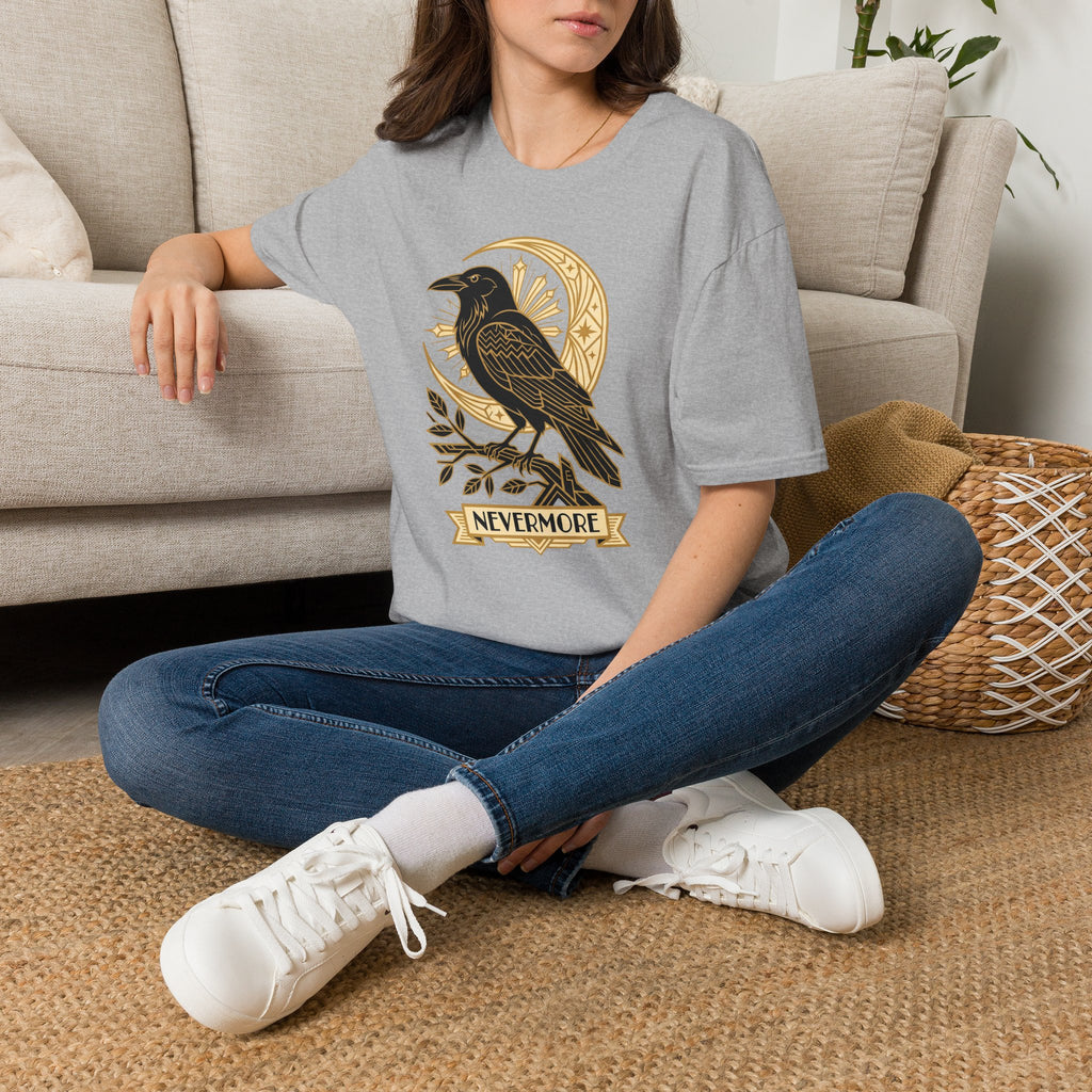Heather gray graphic T-shirt with black raven and gold moon emblem
