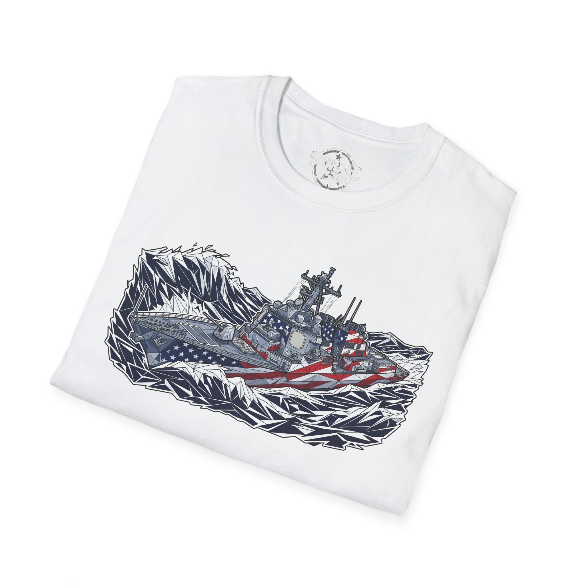 American flag battleship T-shirt on white tee with navy ship graphic and stars stripes