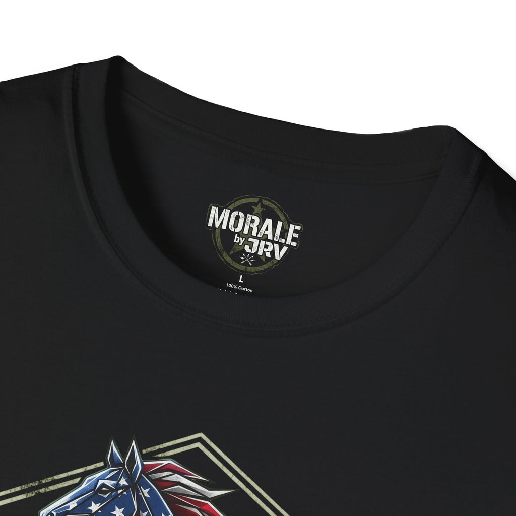Black T-shirt neckline with "Morale" logo and partial horse flag graphic