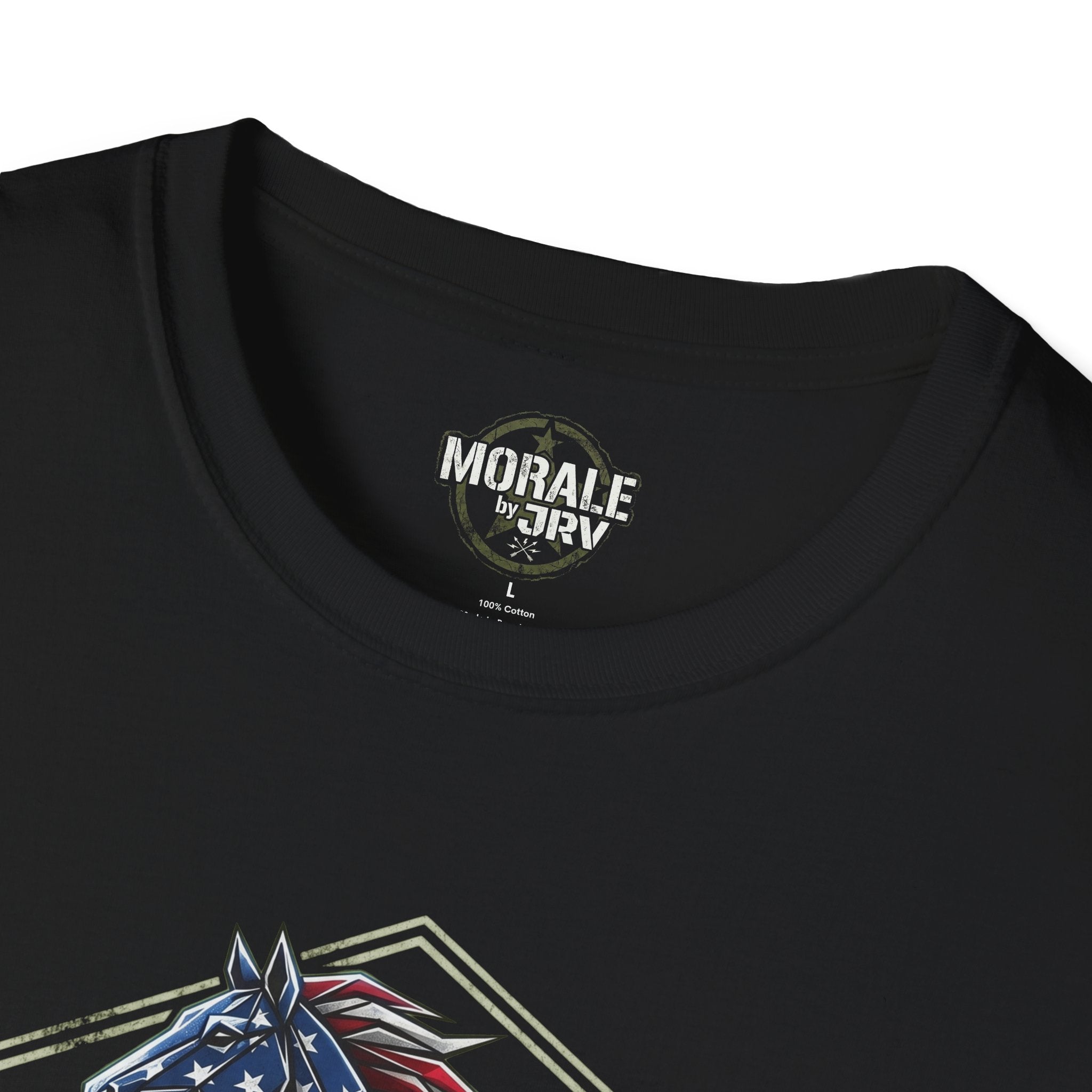 Black T-shirt neckline with "Morale" logo and partial horse flag graphic