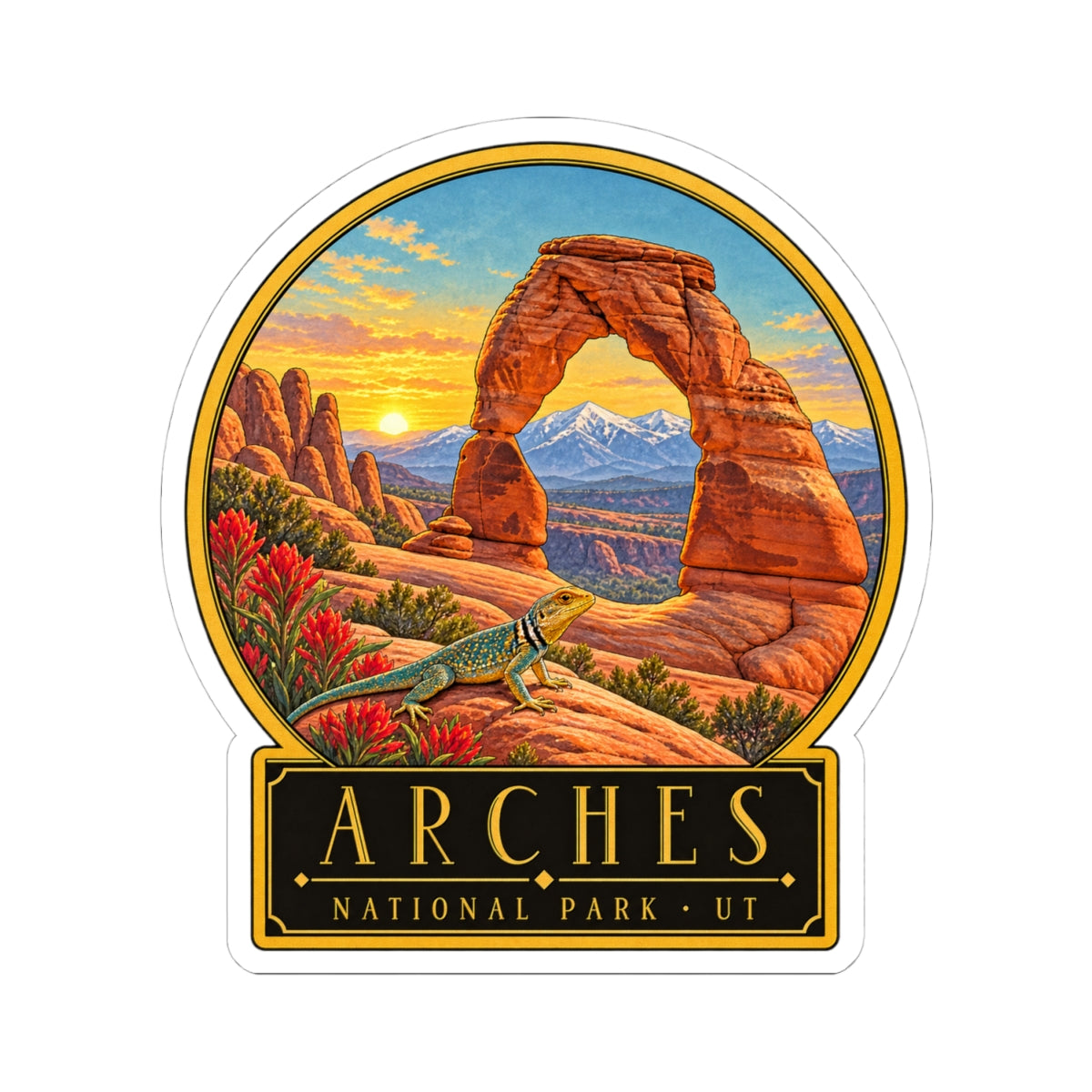 Round kiss-cut vinyl sticker featuring Arches desert arch rocks, green lizard, and UT label.