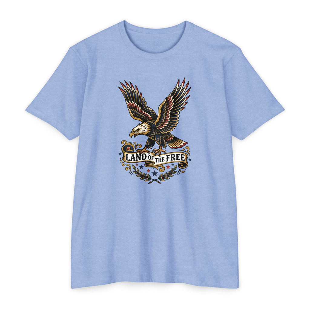 Light blue T-shirt with multicolor eagle graphic and “LAND OF THE FREE” text