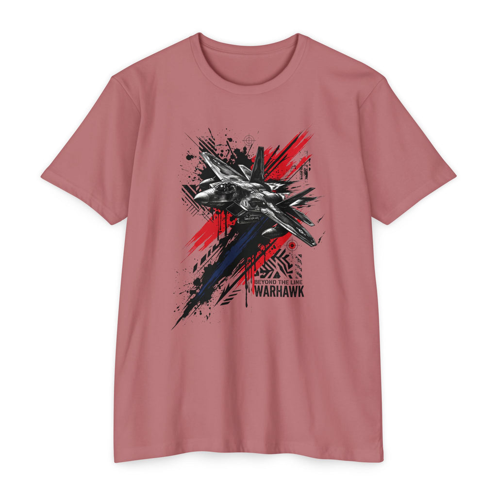 Men's graphic t-shirt in dusty rose with front jet silhouette and red splatter design