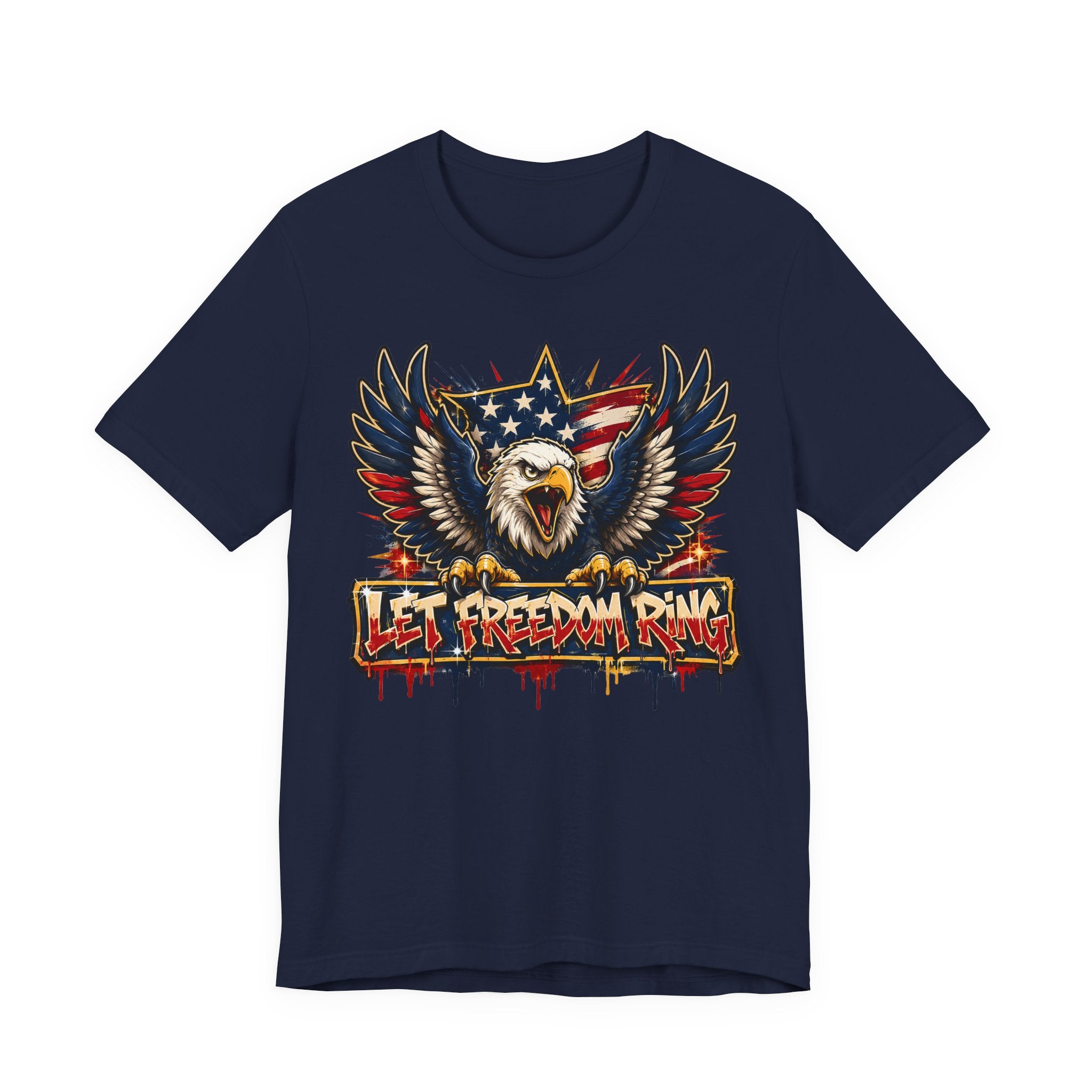Navy t-shirt with bald eagle wings graphic and “Let Freedom Ring” text