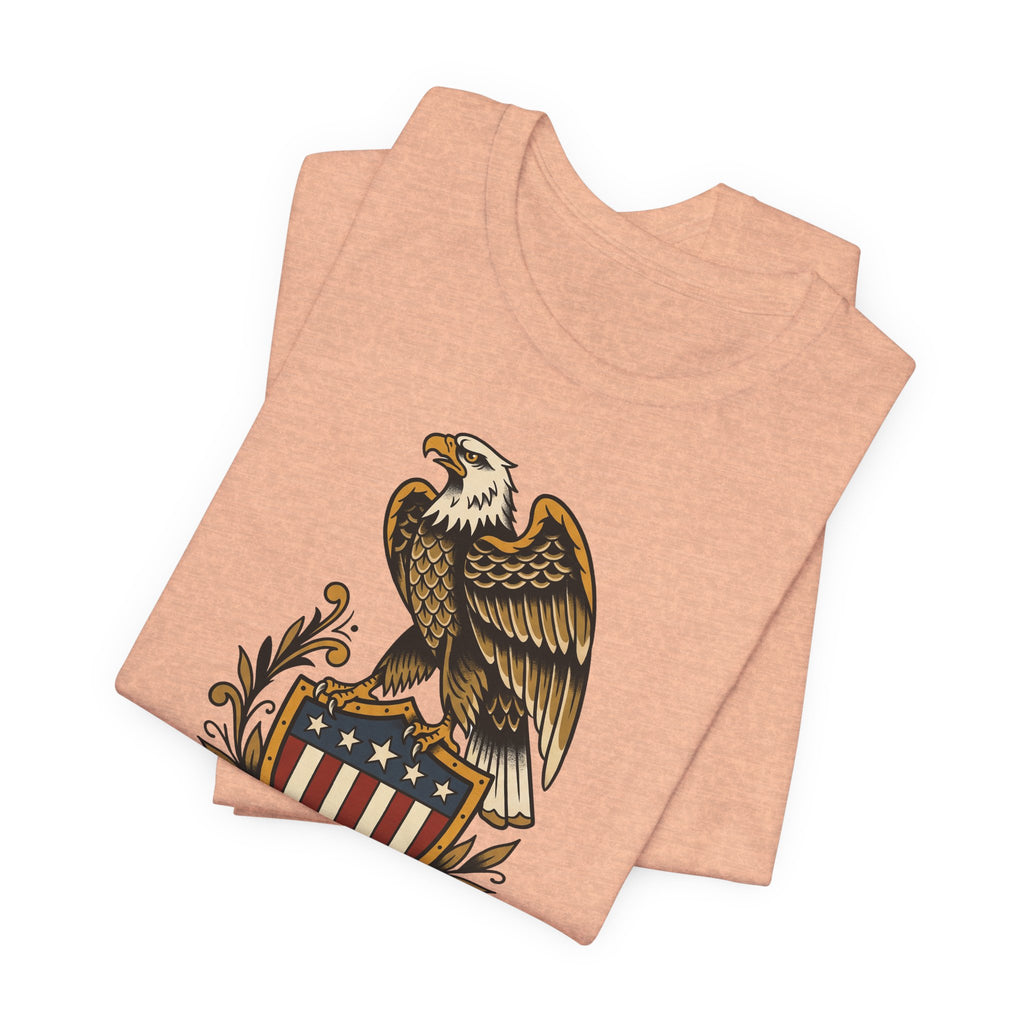 Peach heather T-shirt with bald eagle shield graphic on the chest