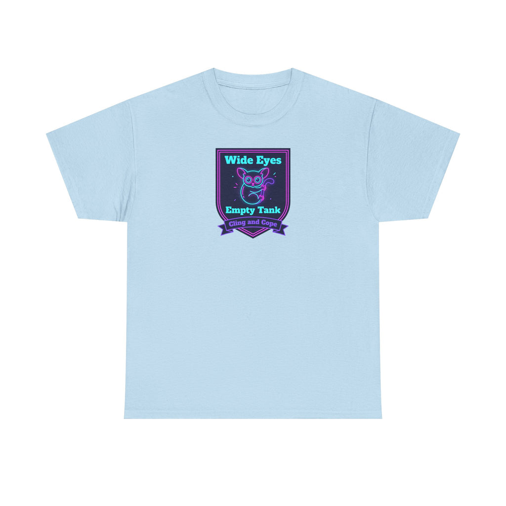 Light blue crewneck T-shirt with neon purple and teal owl badge logo on chest