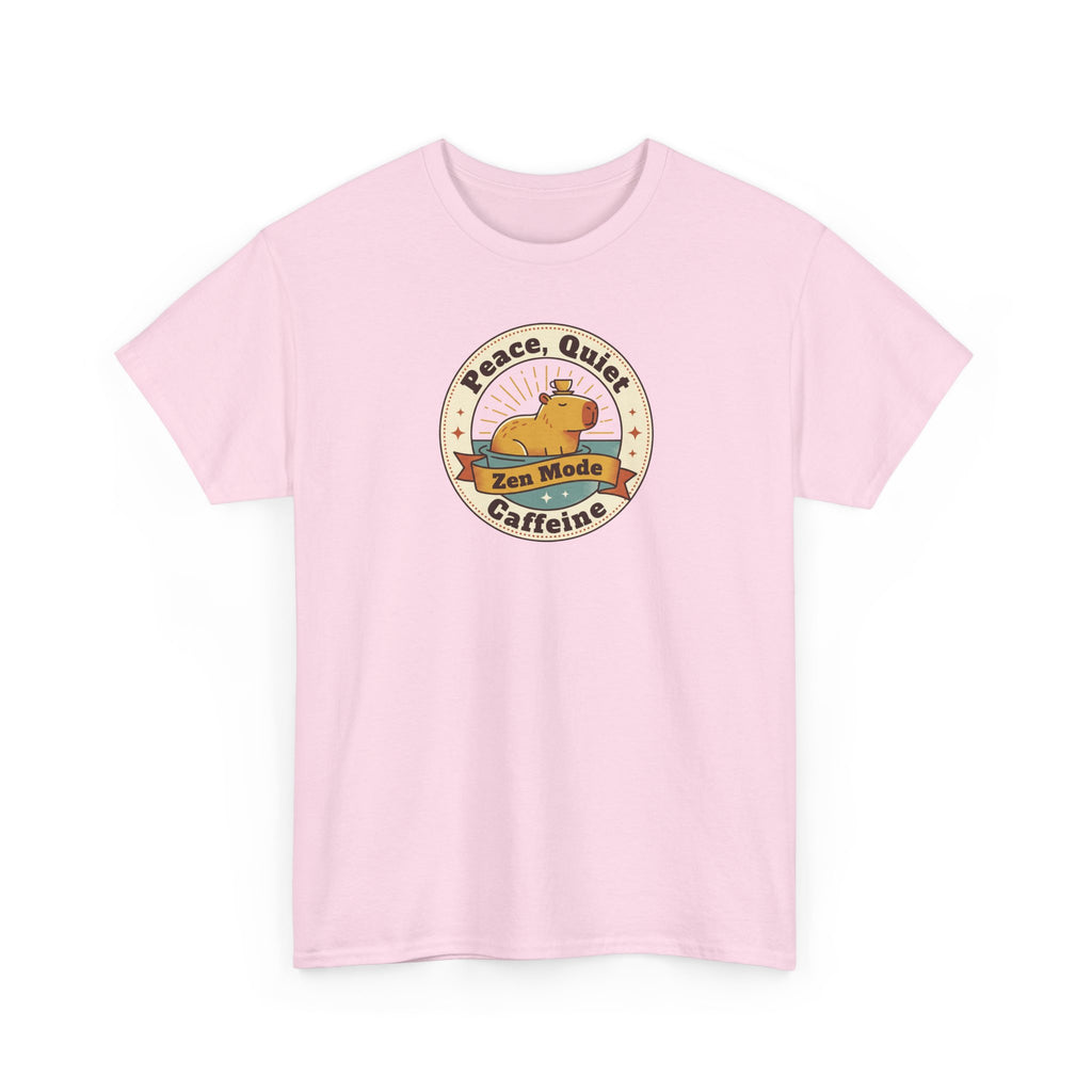 Light pink crewneck T-shirt with Peace Quiet caffeine graphic