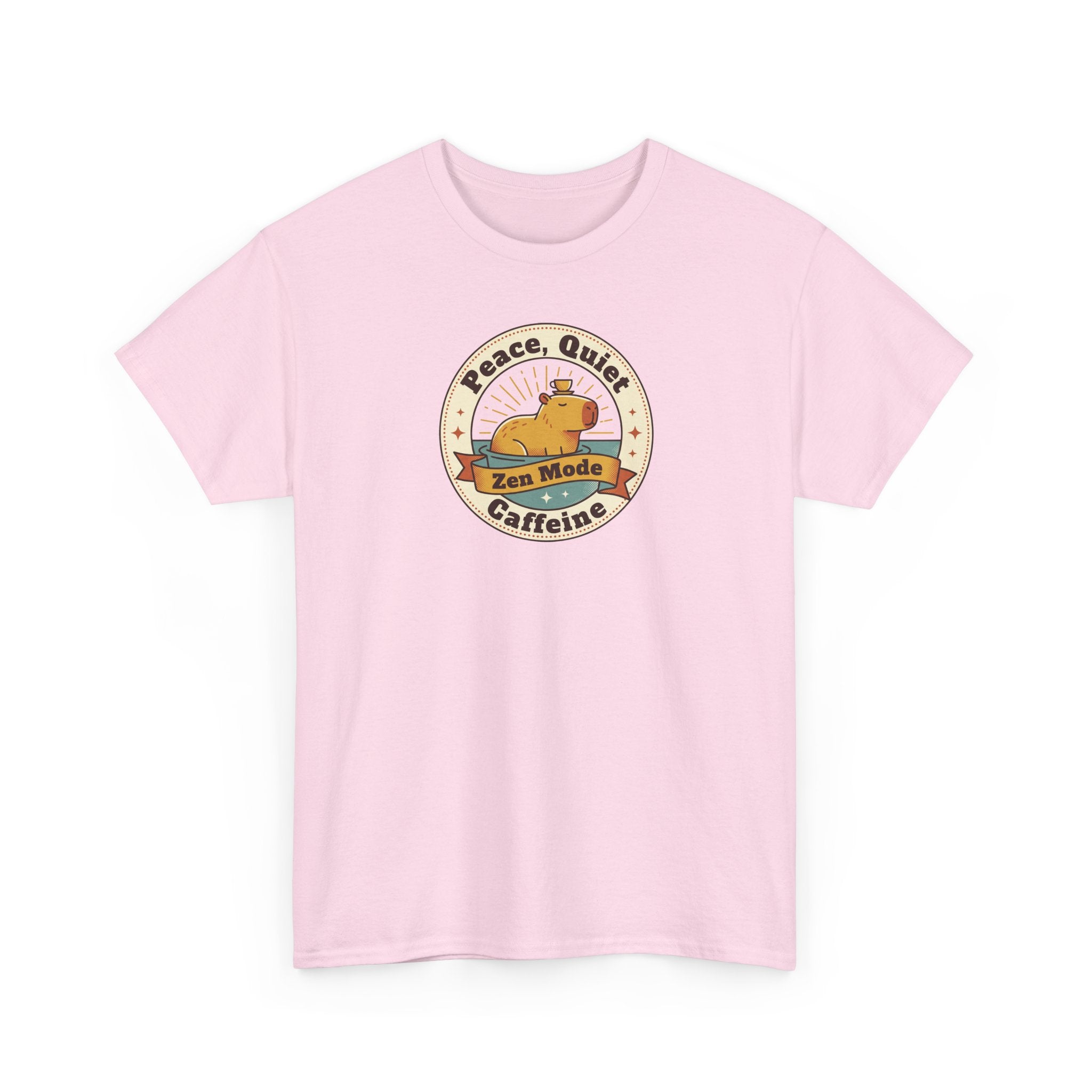 Light pink crewneck T-shirt with Peace Quiet caffeine graphic