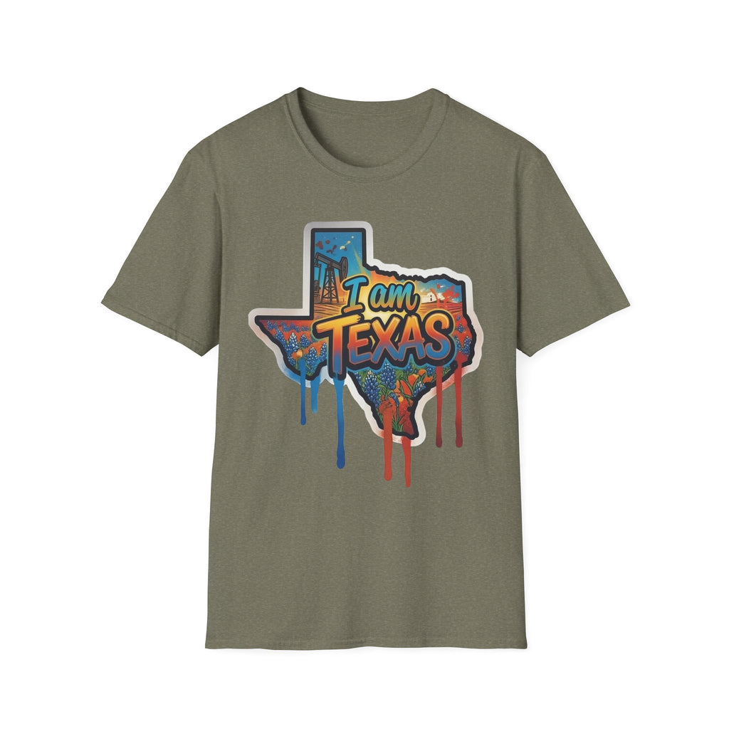 I Am Texas T-shirt (dark olive green) with graffiti state outline and skyline “I am Texas” print
