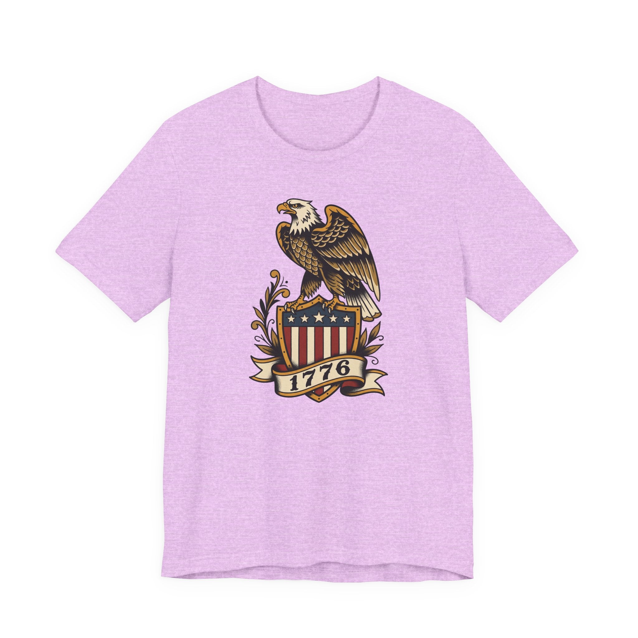 Graphic T-shirt, lavender heather, front features gold eagle and 1776 shield logo.
