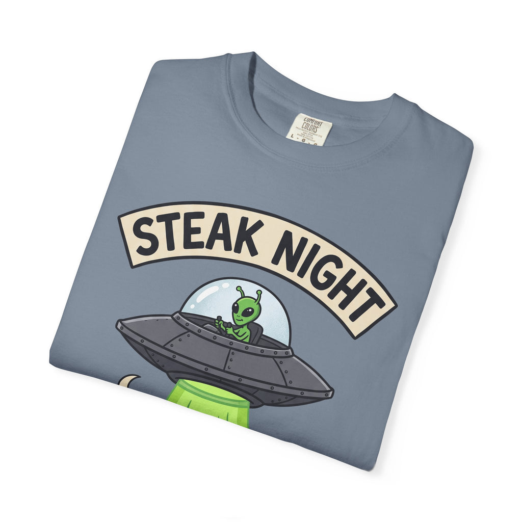 Slate blue short-sleeve T-shirt with 'STEAK NIGHT' UFO and alien graphic