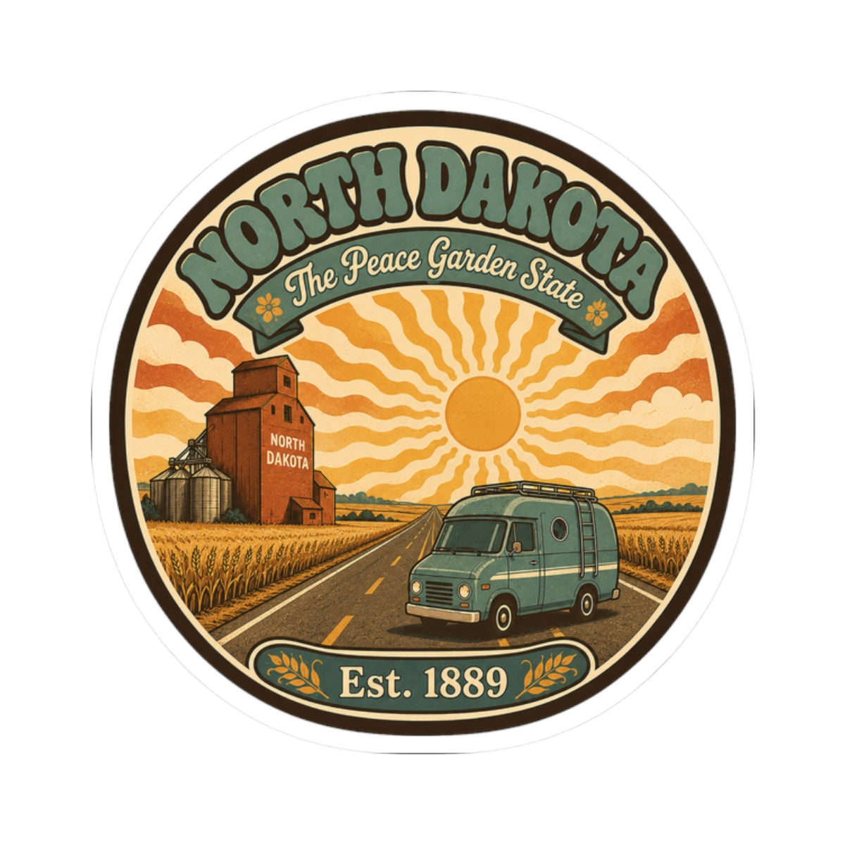 Round North Dakota Peace Garden State sticker with green van, wheat fields, and Est. 1889