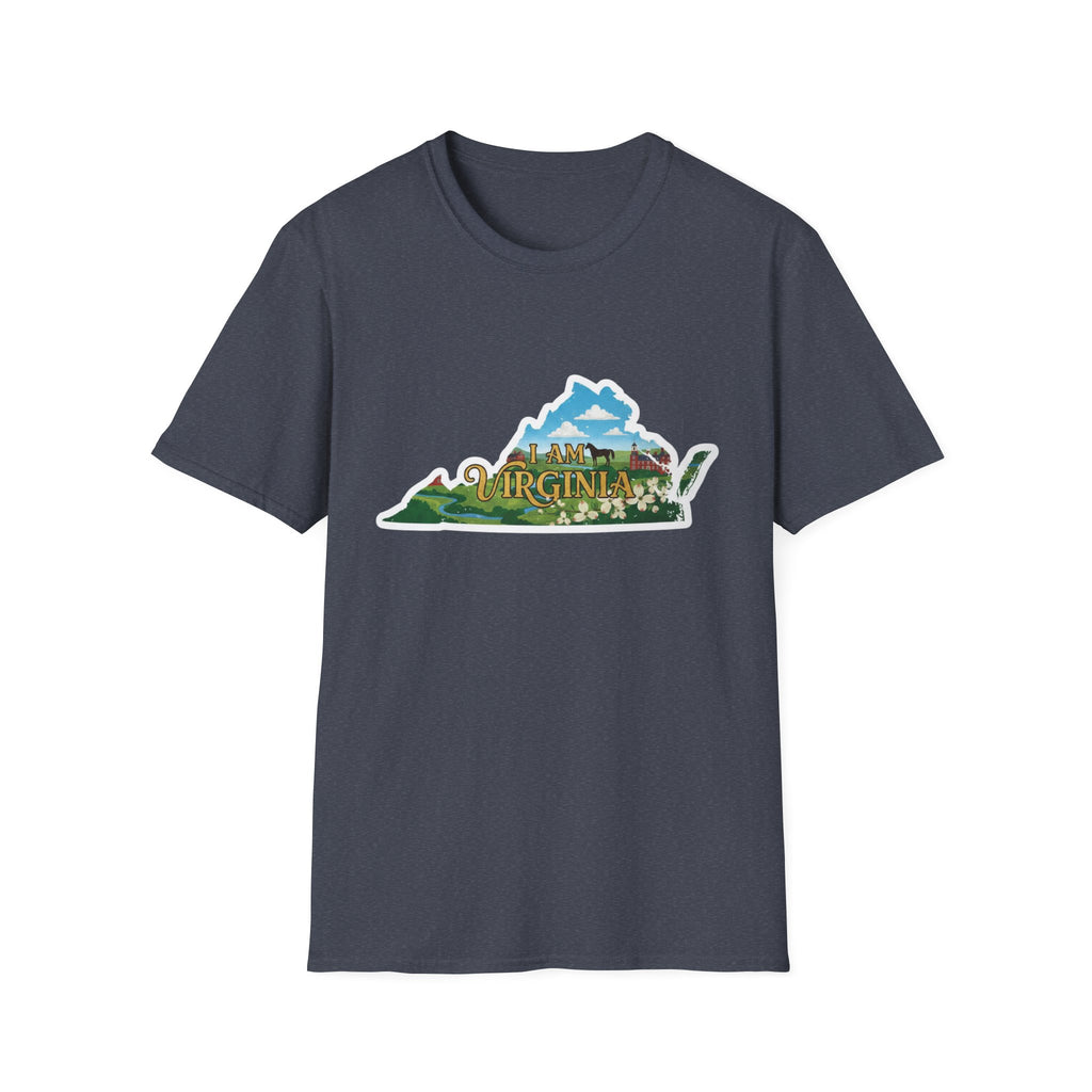 Heather Navy t-shirt with “I AM VIRGINIA” scenic state outline graphic