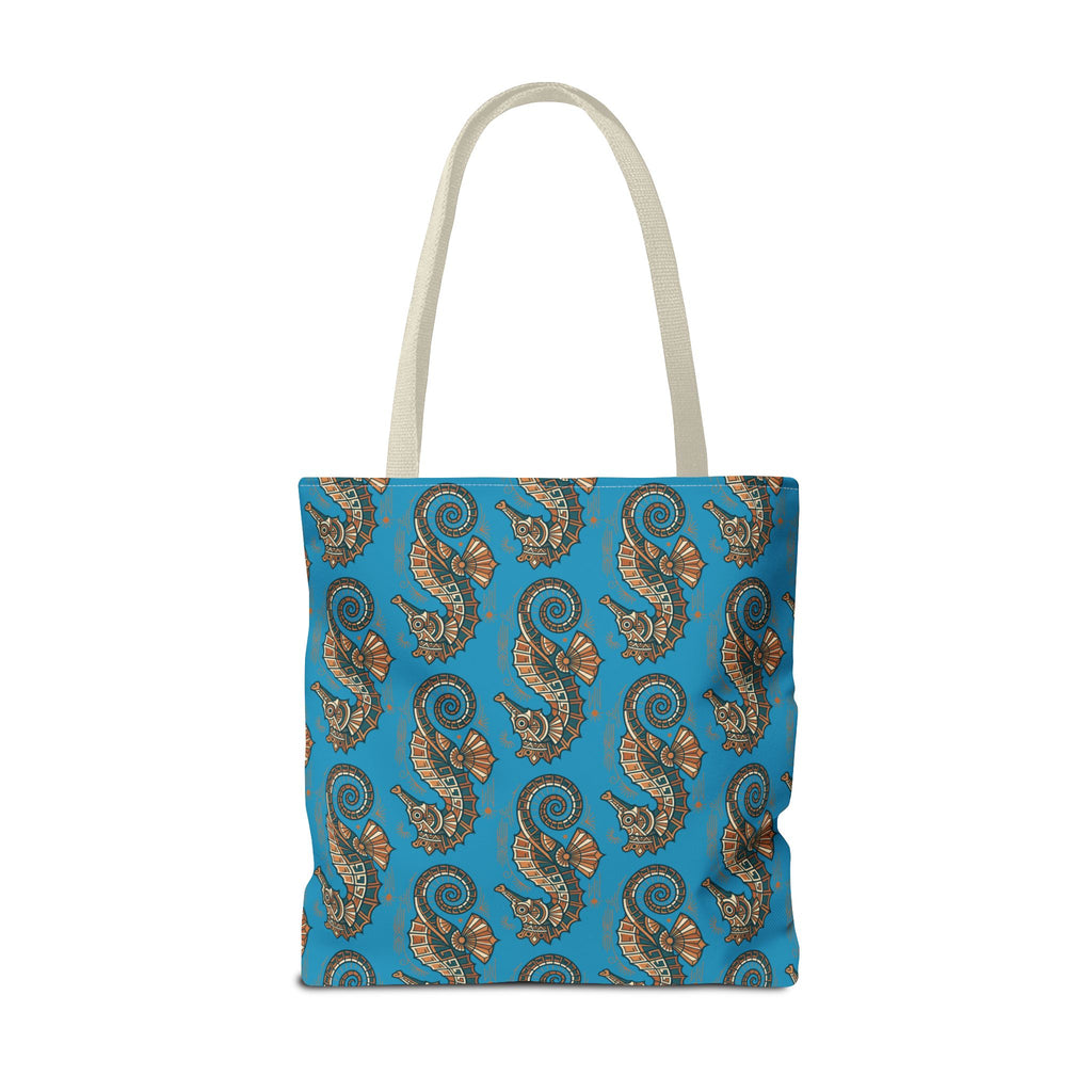 Blue square tote bag with steampunk seahorse pattern and beige handles