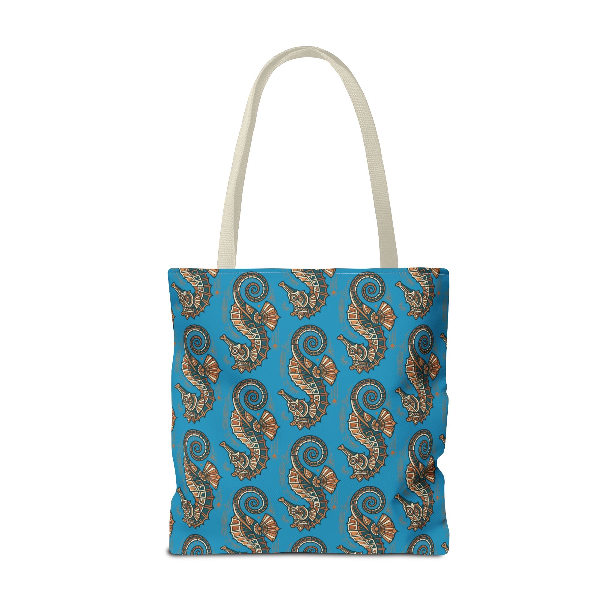 Blue square tote bag with steampunk seahorse pattern and beige handles