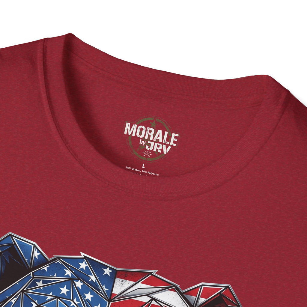 Red T-shirt back collar logo 'Morale by TRL' and top of bear graphic