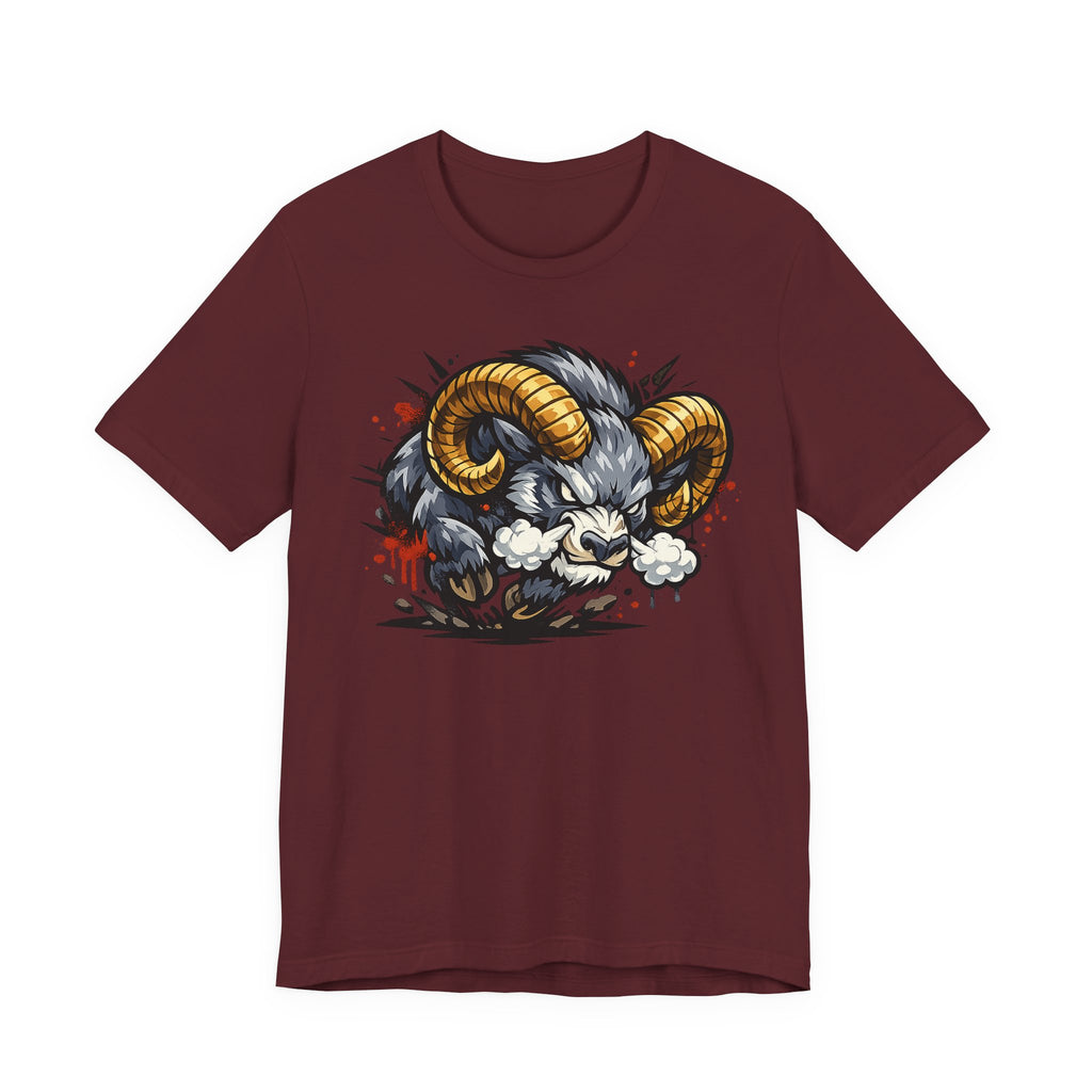 Maroon crew-neck T-shirt with angry ram graphic in gold, black, and white