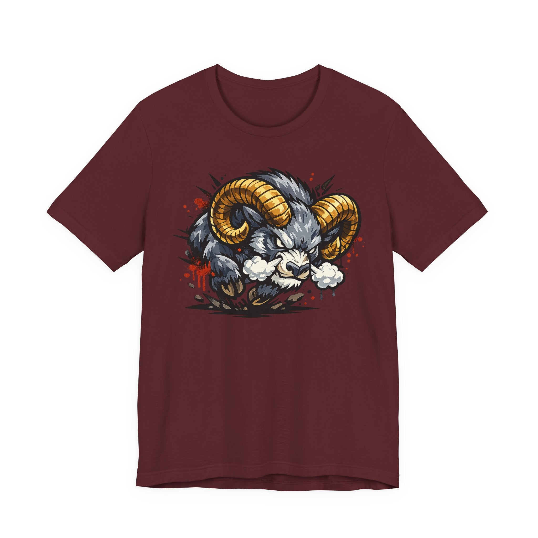 Maroon crew-neck T-shirt with angry ram graphic in gold, black, and white