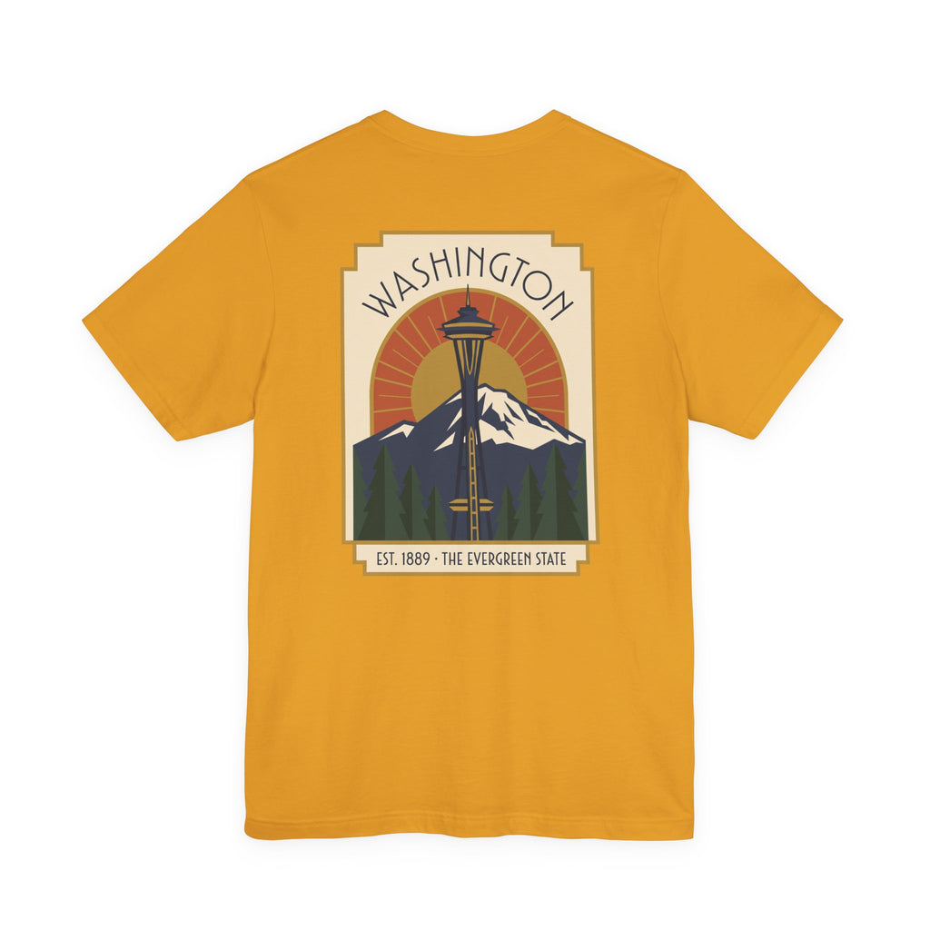 Mustard yellow t-shirt with Washington Space Needle art deco graphic on front