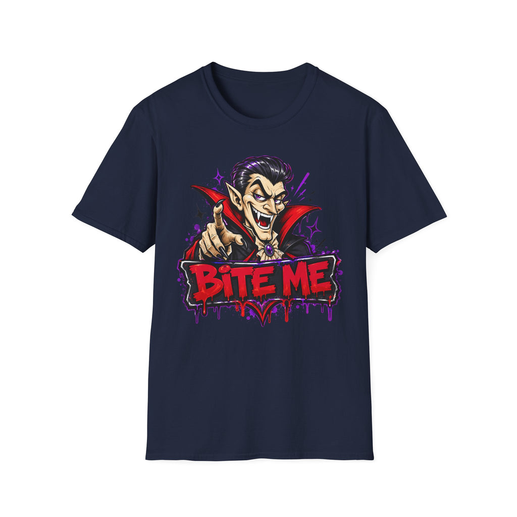 Navy T-shirt featuring a vampire character and “BITE ME” graphic