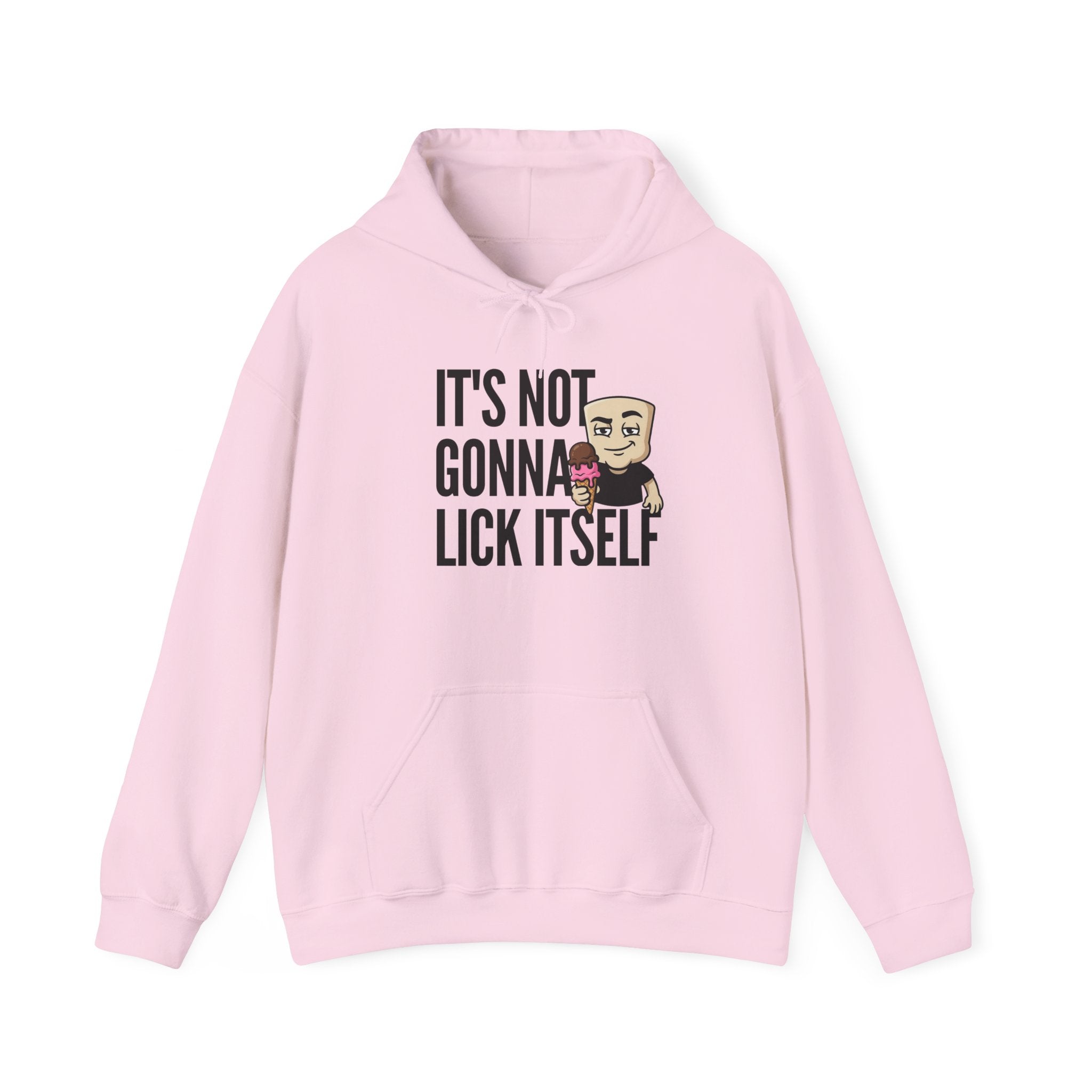 Pink hoodie with front pocket, hood, and ice cream character 'IT'S NOT...' graphic.