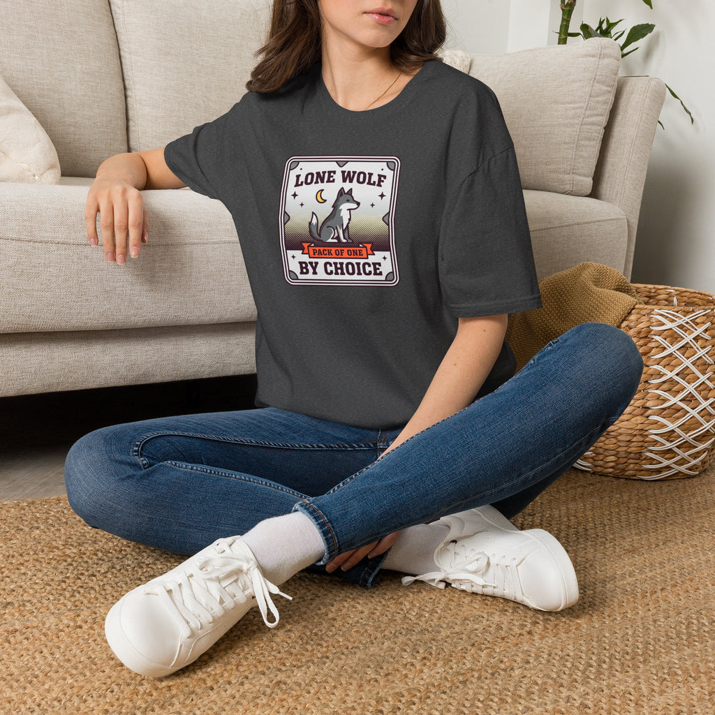 Graphic T-shirt, charcoal gray, centered wolf badge graphic on front
