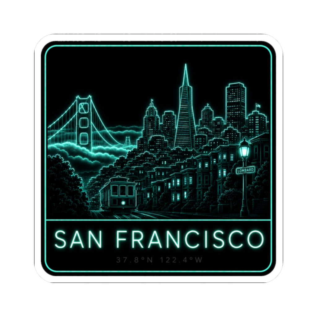 Square neon cityscape sticker with Golden Gate bridge, skyline buildings, and green glow frame