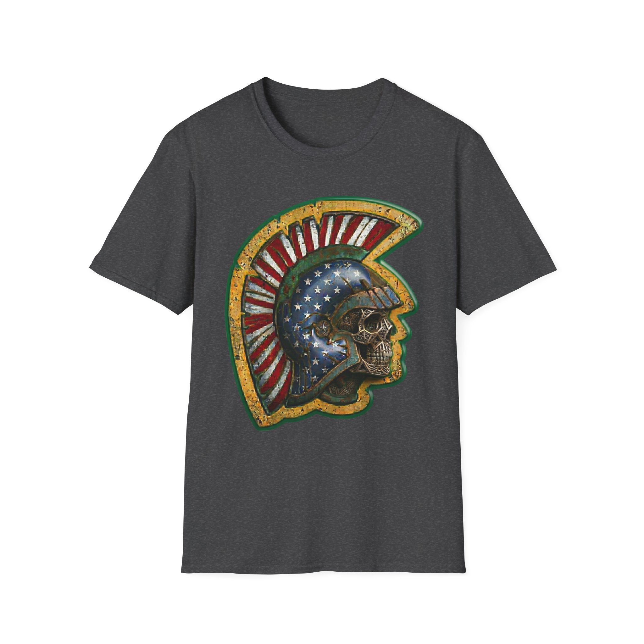 Dark heather t-shirt with American flag warrior skull helmet graphic front