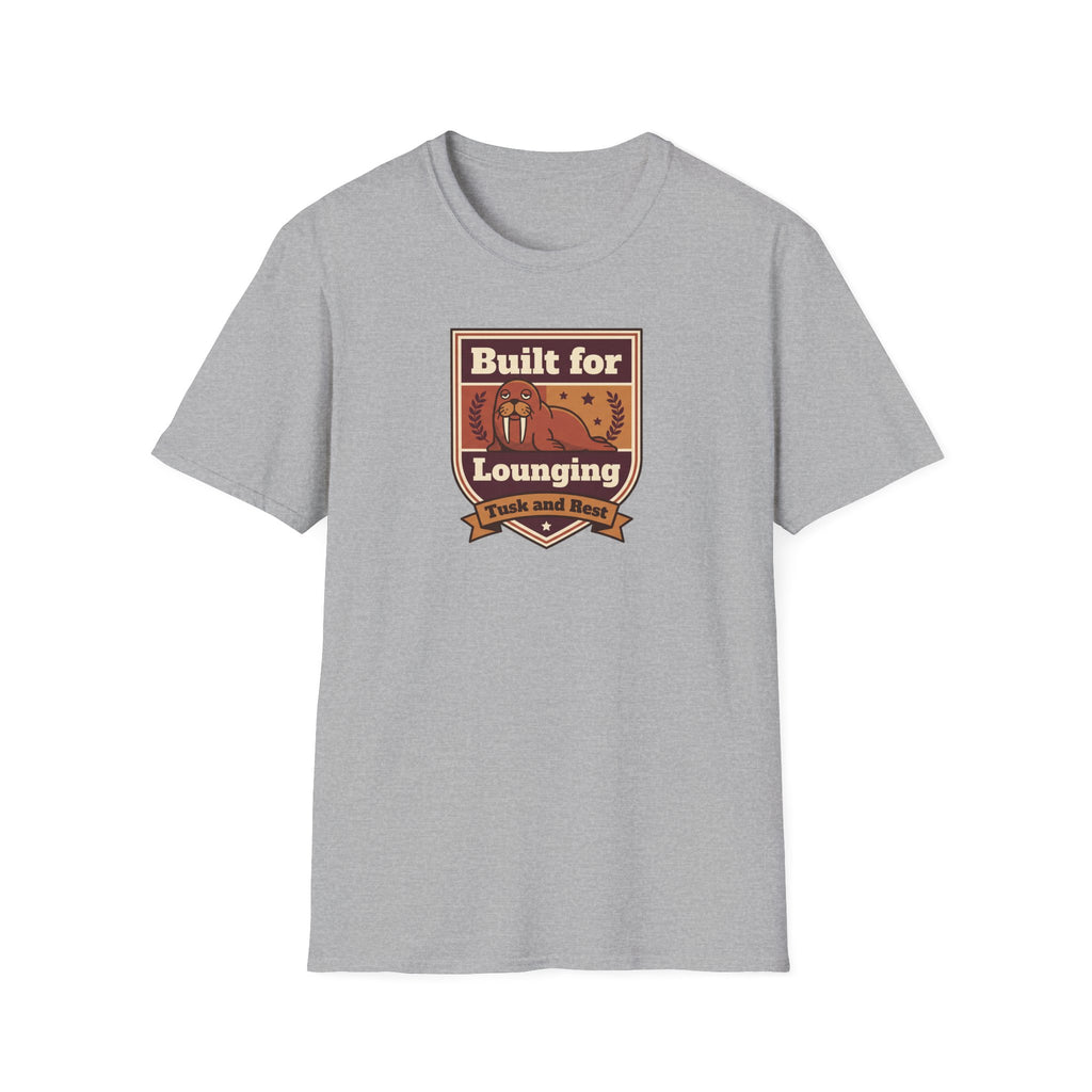 Gray crew-neck T-shirt with chest walrus badge graphic