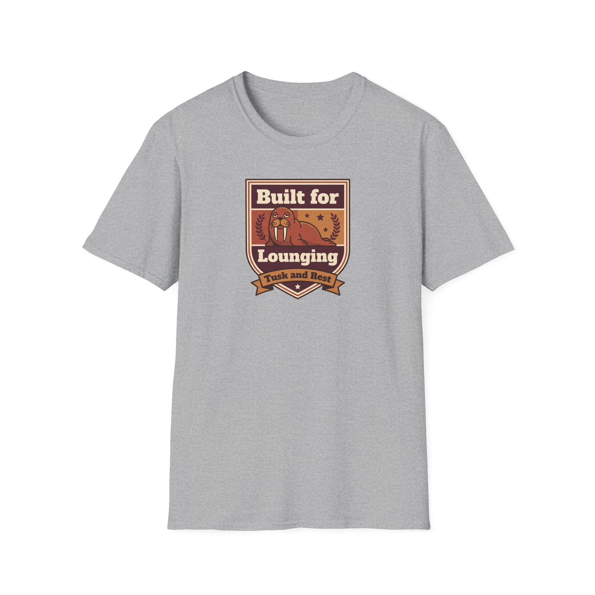 Gray crew-neck T-shirt with chest walrus badge graphic