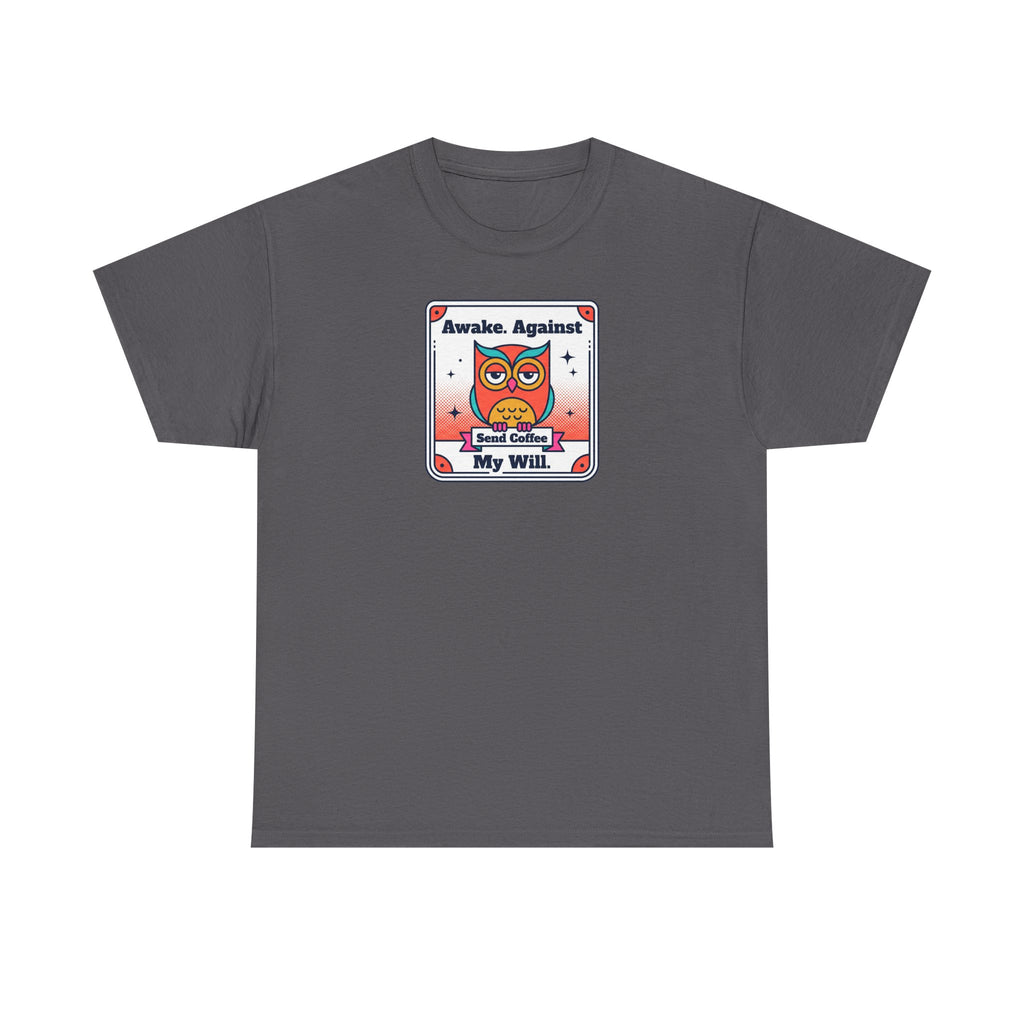 Charcoal gray T-shirt with square graphic print at chest.