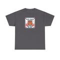 Charcoal gray T-shirt with square graphic print at chest.