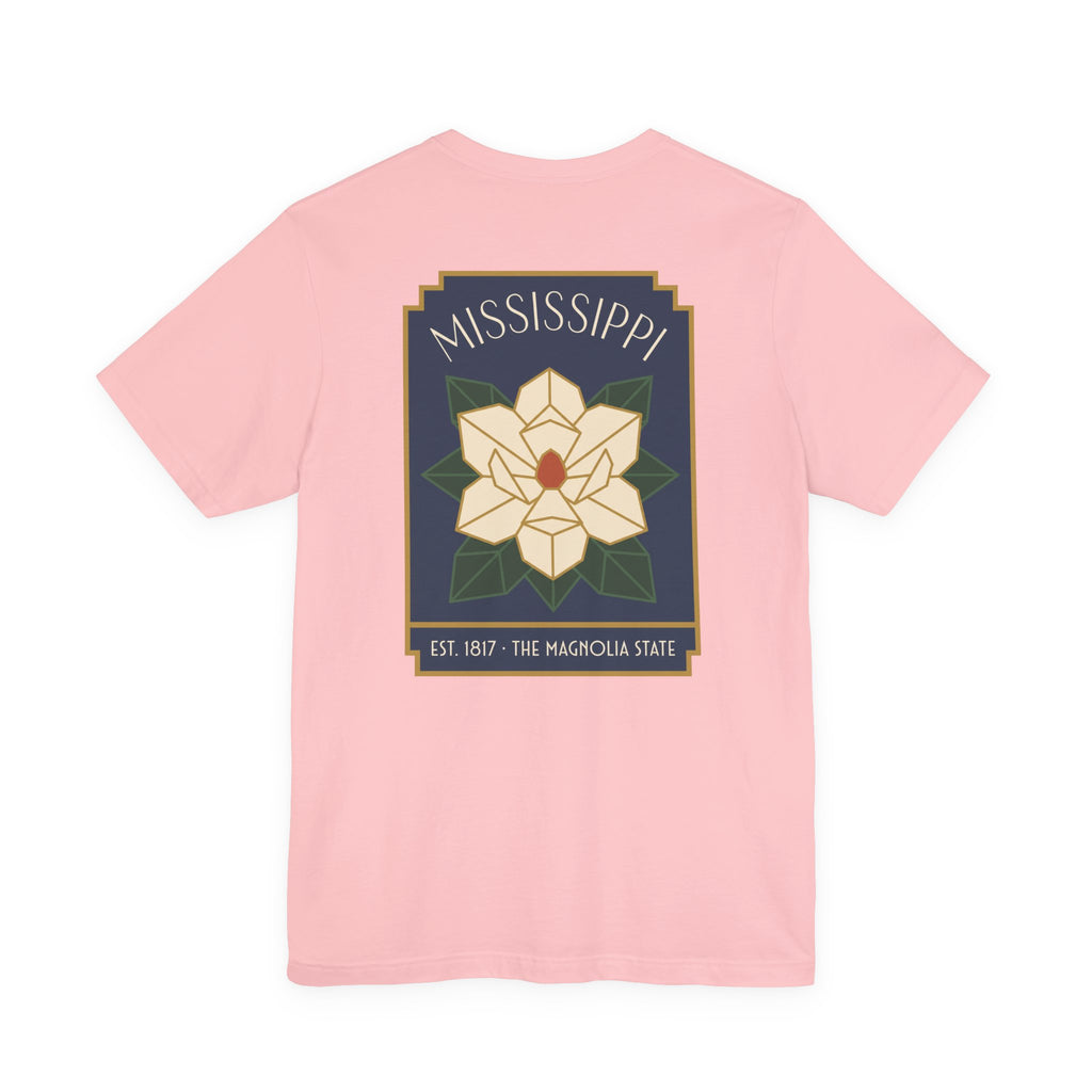 Light pink T-shirt with Magnolia square graphic and Mississippi text