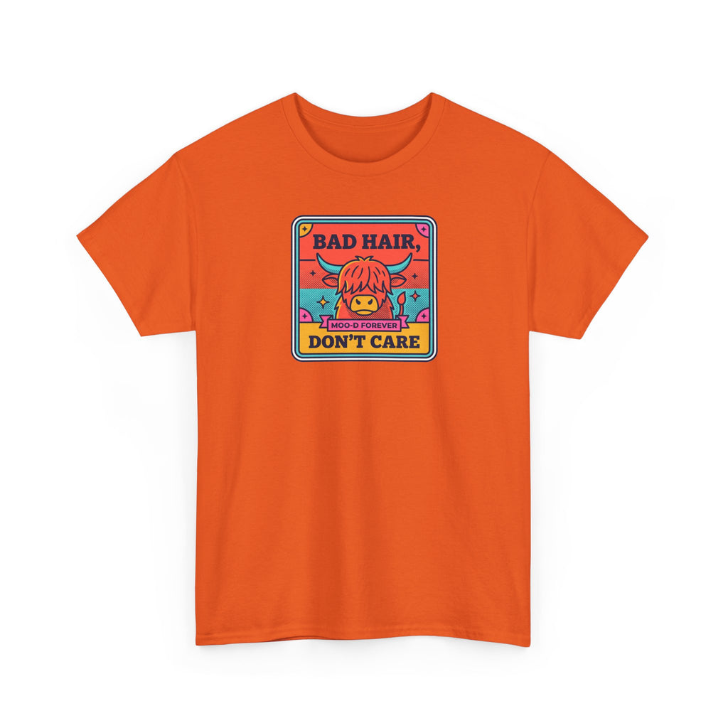 Orange graphic T-shirt with retro skull and “Bad Hair, Don’t Care” print