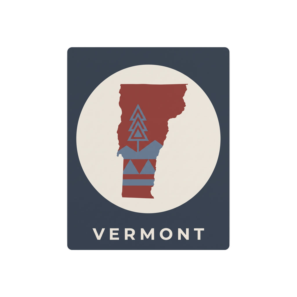 Vermont metal art sign, dark blue square with white circle and red state cutout, VERMONT text