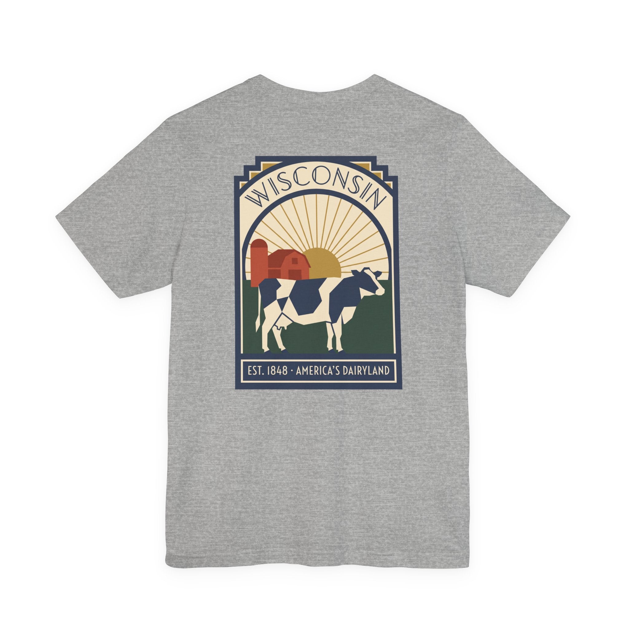 Heather gray t-shirt with square Wisconsin dairy cow graphic on the front