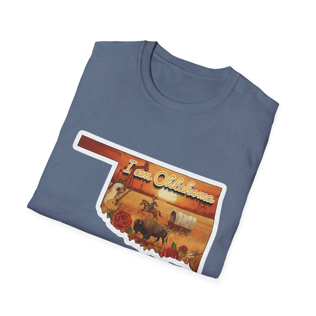 Blue Oklahoma State T-shirt with 'I am Oklahoma' cowboy scene graphic
