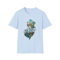 Crew-neck T-shirt, light blue, with New Jersey map skyline graphic on front.