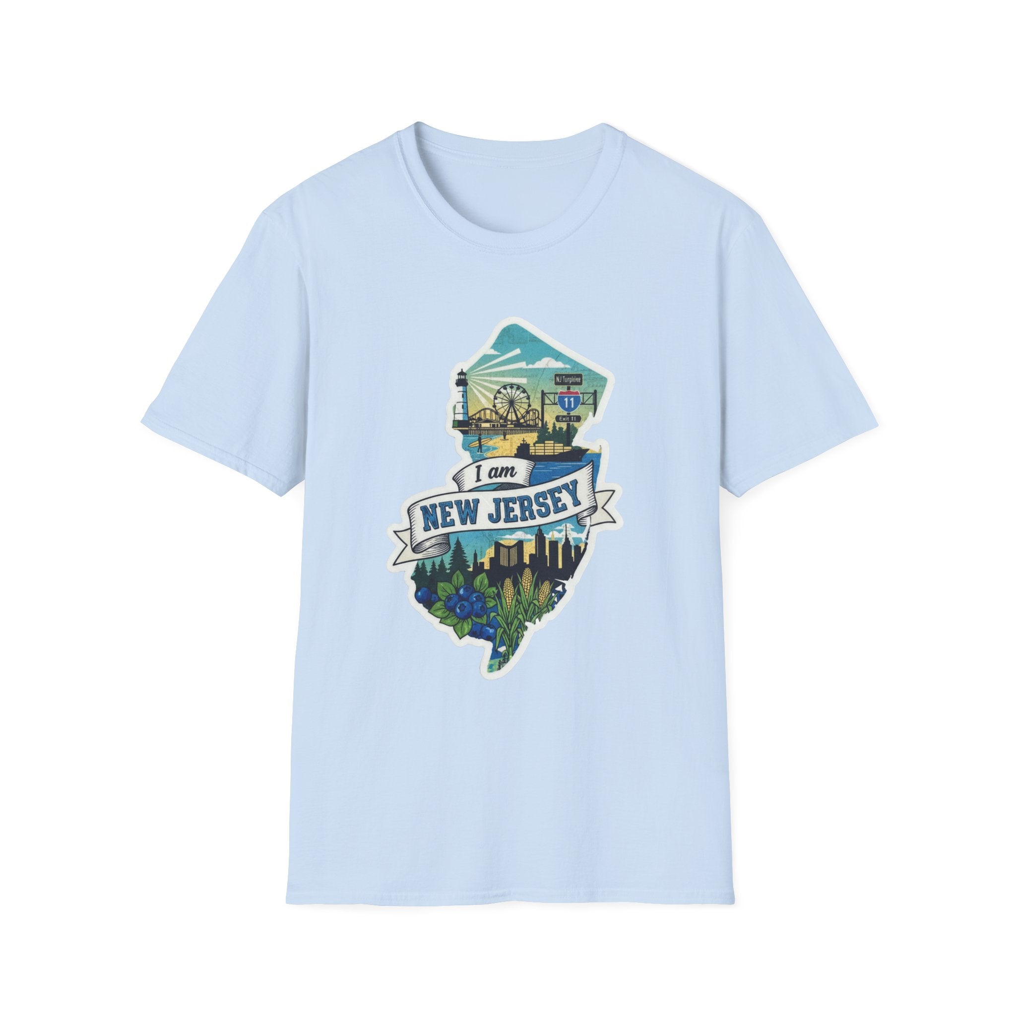 Crew-neck T-shirt, light blue, with New Jersey map skyline graphic on front.