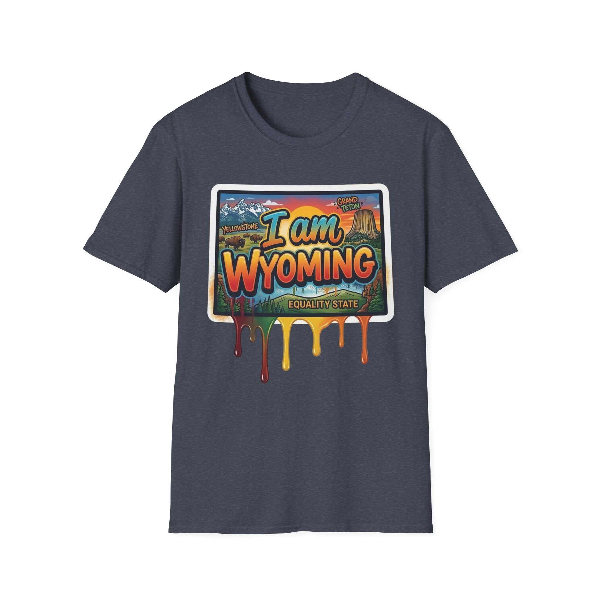 Heather indigo T-shirt with colorful "I am Wyoming" postcard-style graphic and drippy text