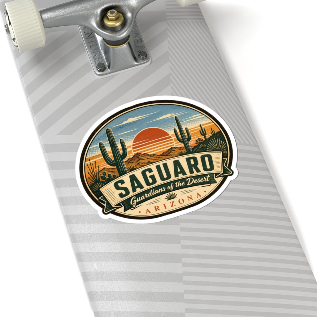 Saguaro Arizona travel sticker on a striped suitcase surface