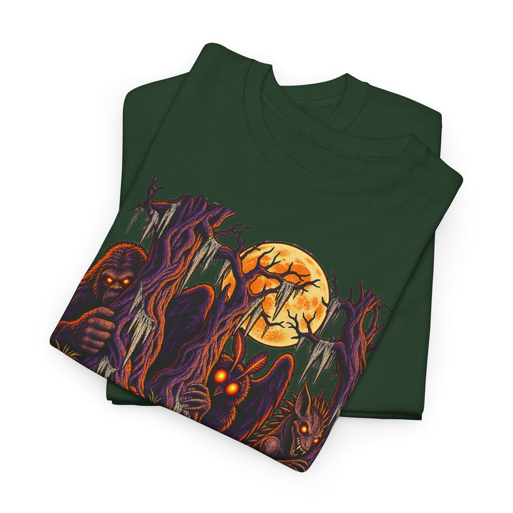 Dark green T-shirt with colorful haunted monster and glowing moon graphic.