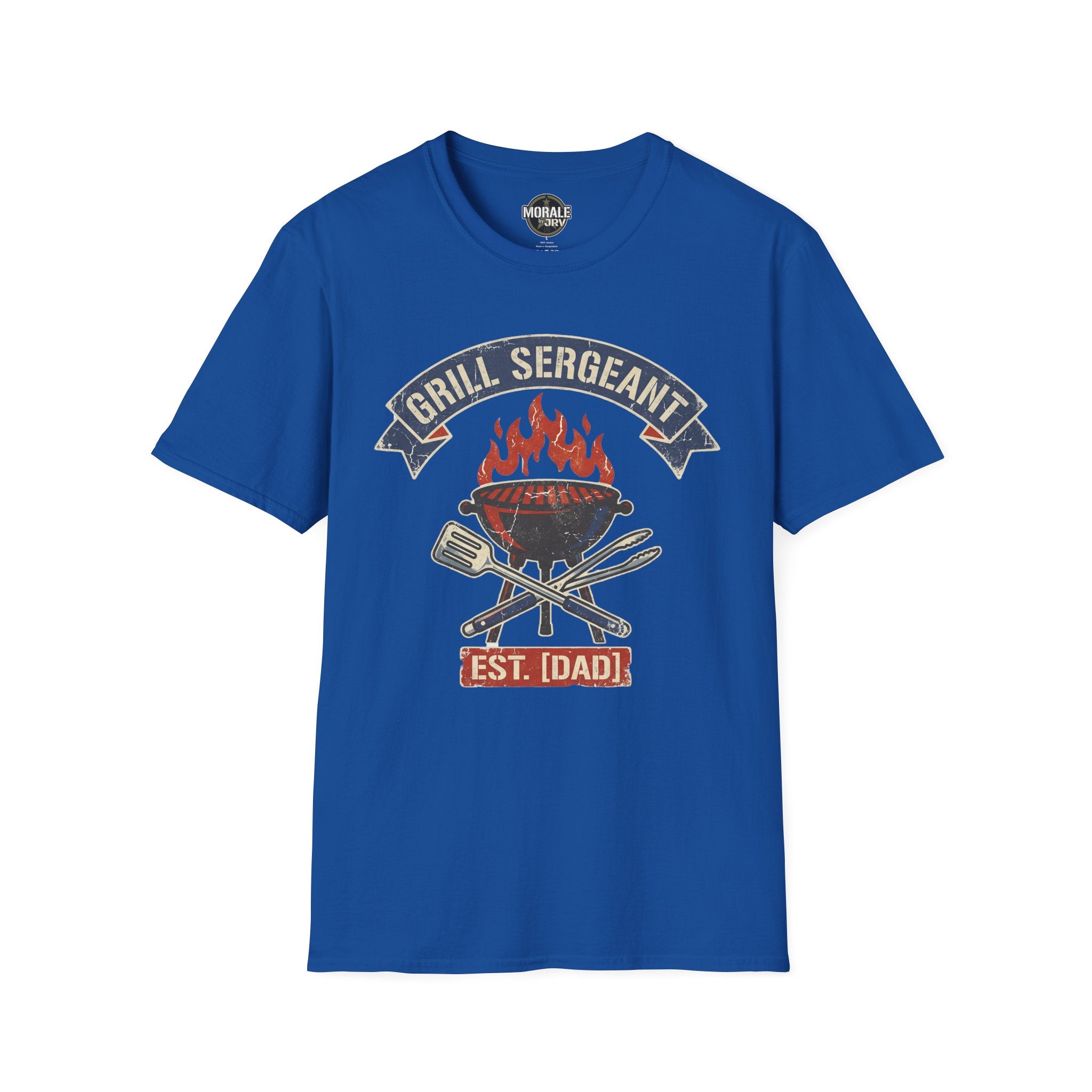 Royal blue Grill Sergeant BBQ T-shirt with flaming grill, crossed tools, and “EST. [IDADD]”