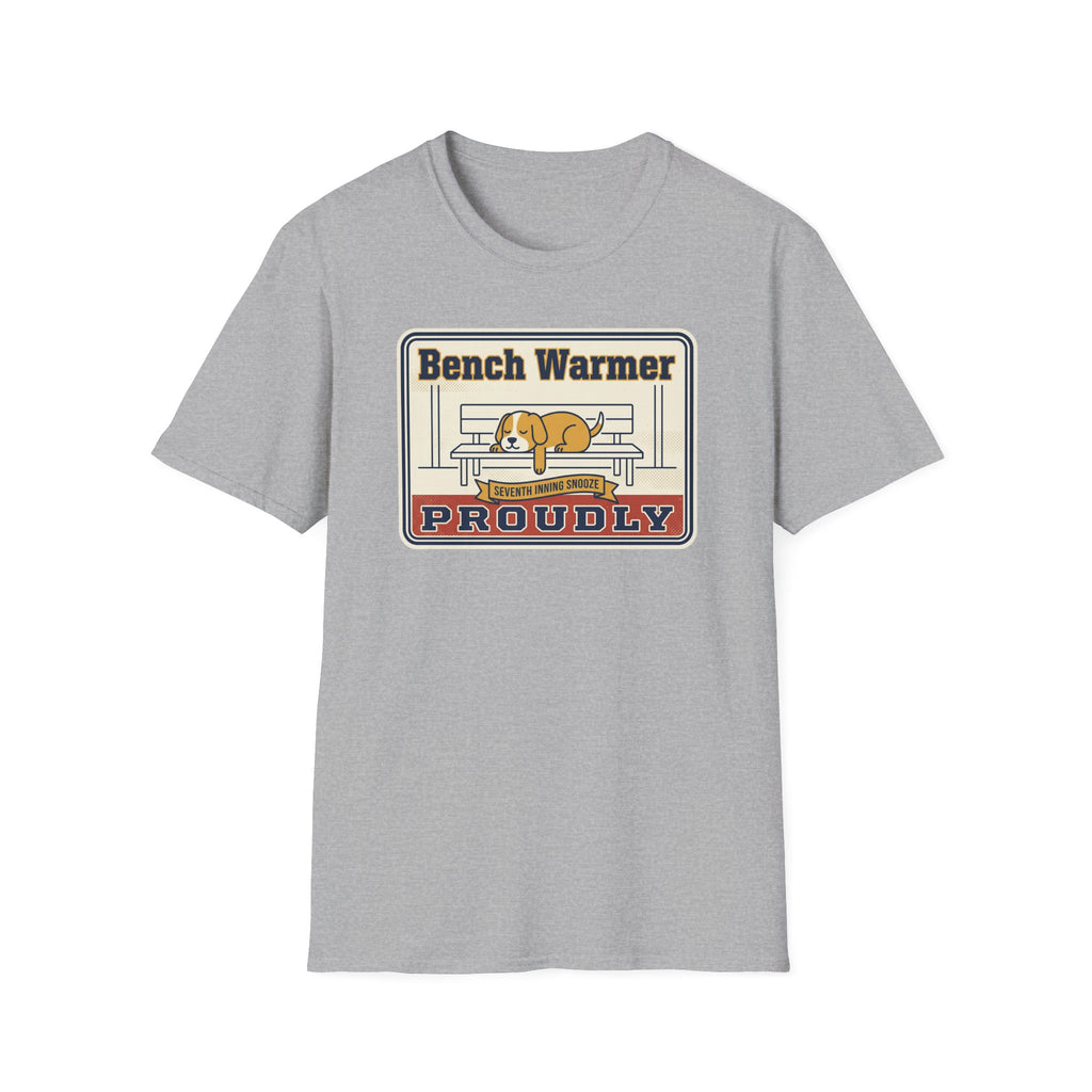 Sport gray unisex T-shirt with Bench Warmer Proudly dog front graphic