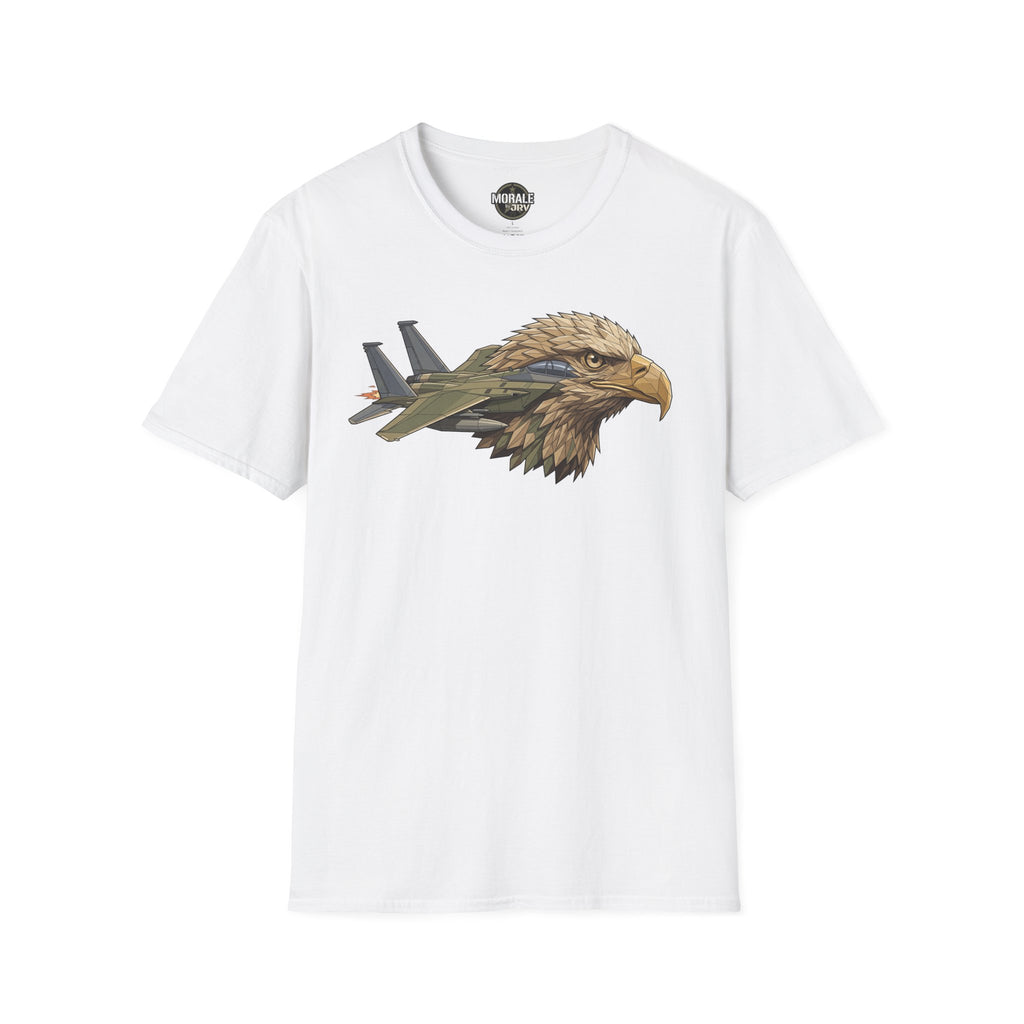 White t-shirt with eagle head and fighter jets graphic on the chest