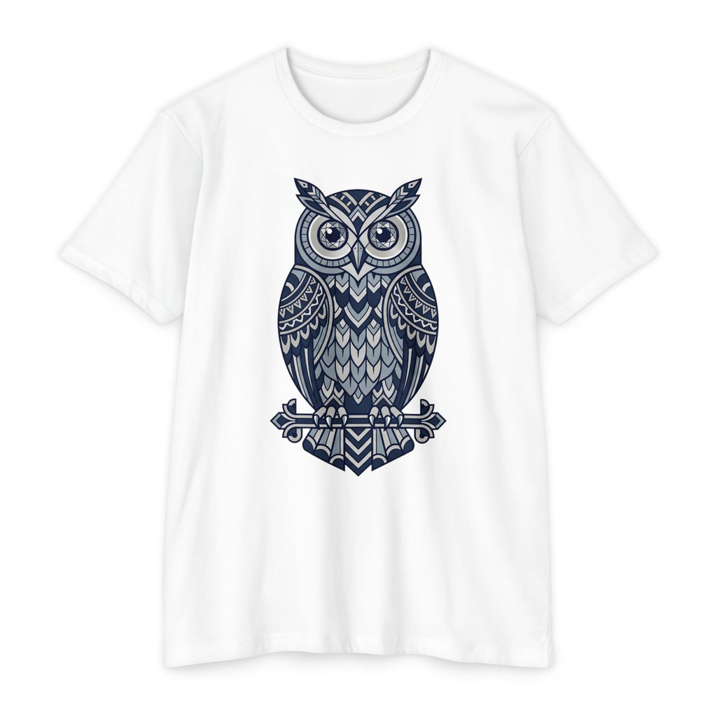 Owl graphic T-shirt, white crewneck with navy owl illustration on the chest