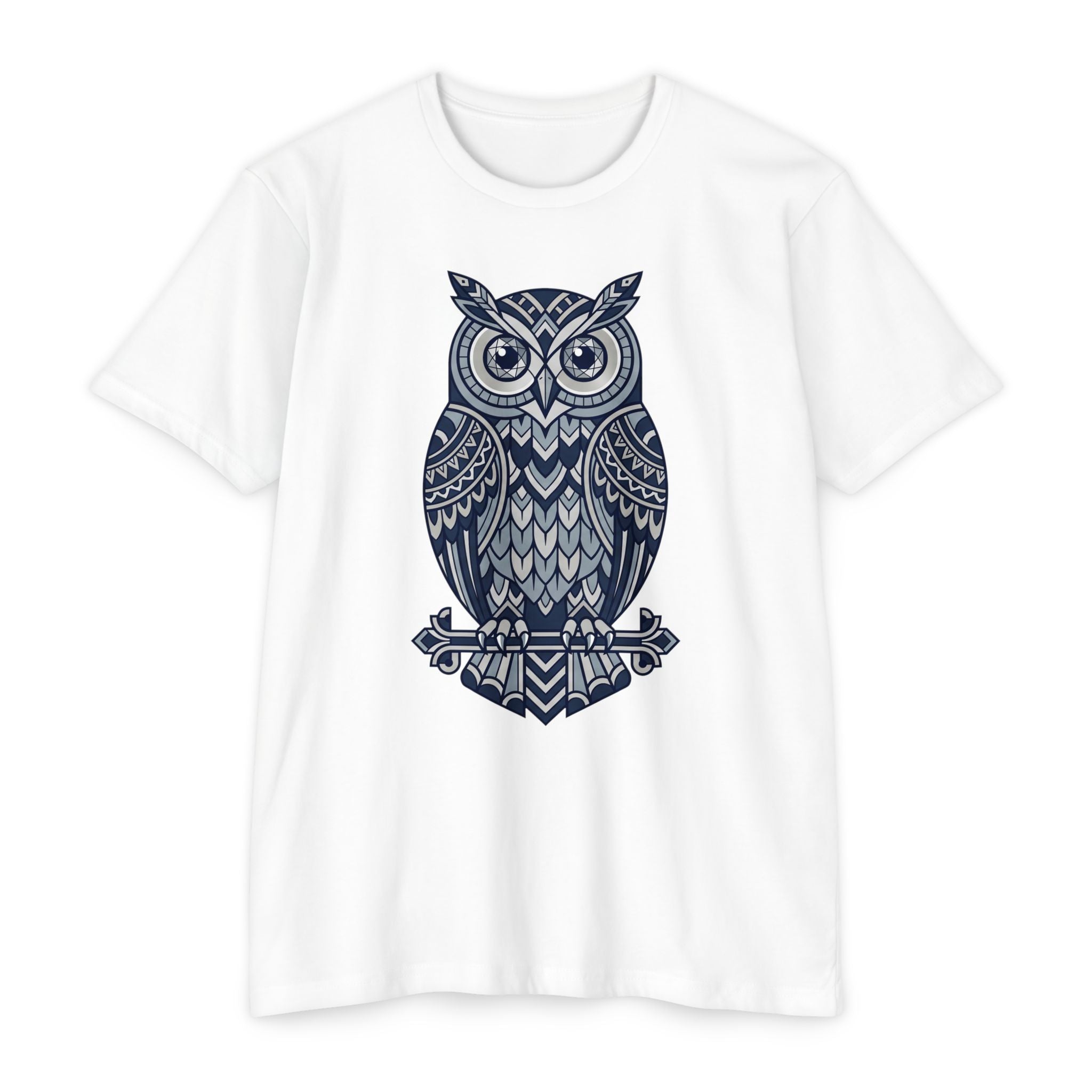 Owl graphic T-shirt, white crewneck with navy owl illustration on the chest