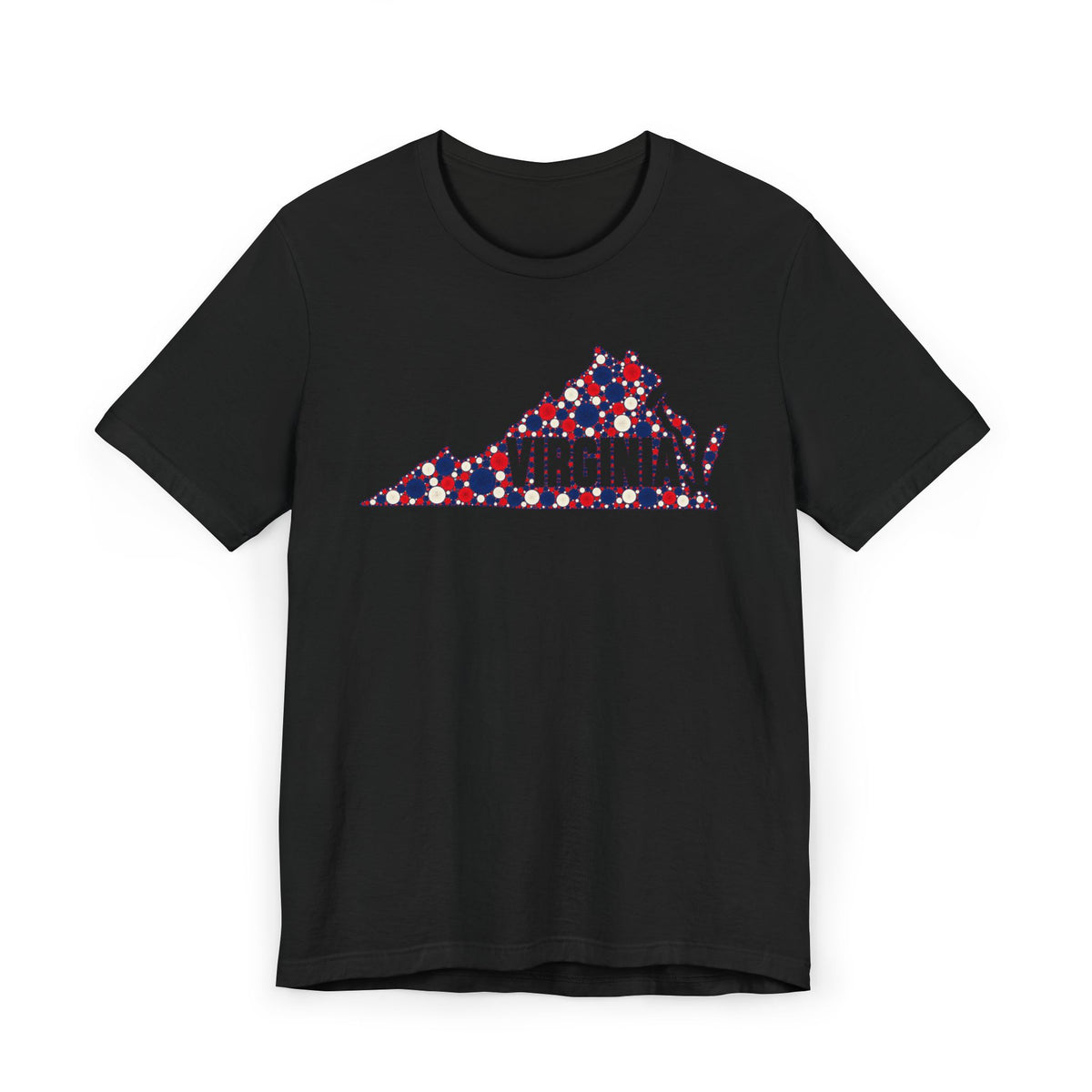 Black crewneck T-shirt with front Virginia map graphic in red, white, and blue